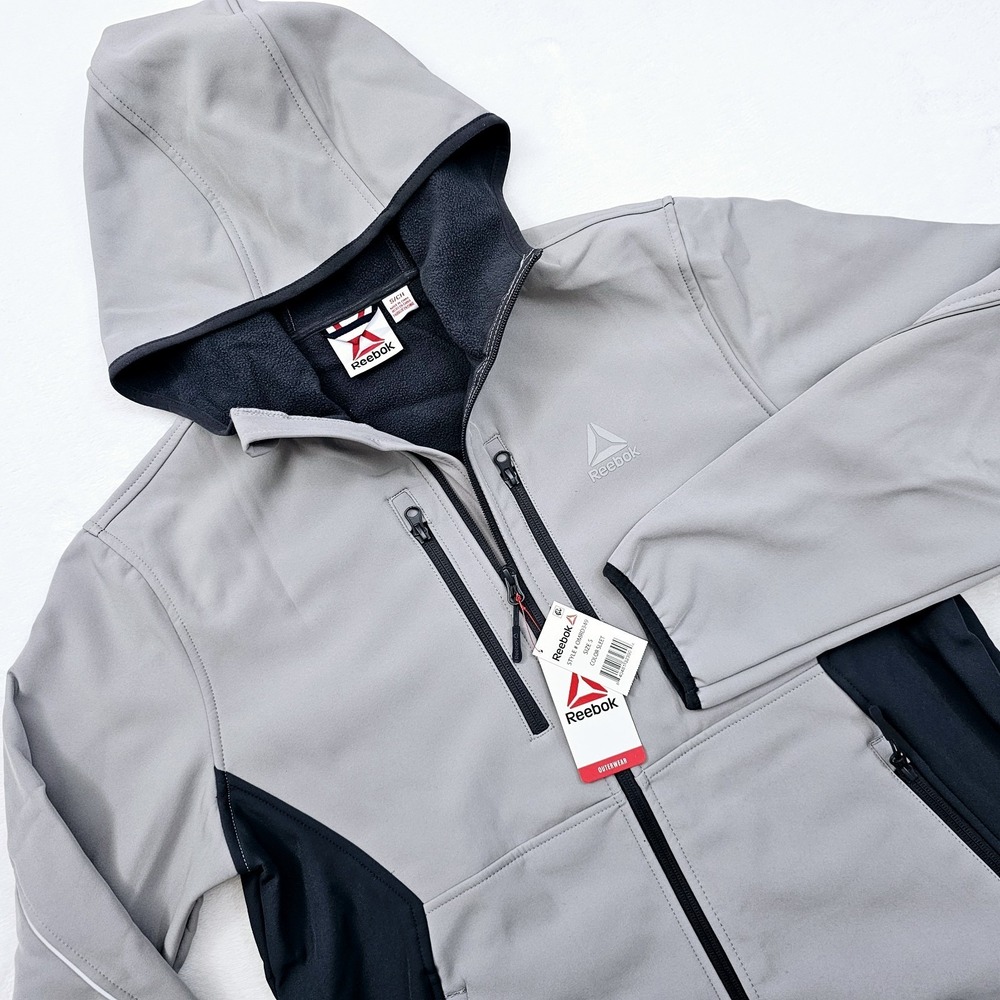 NEW Reebok Jacket Mens Small Softshell Hoodie Full Zip Fleece Lined Gray Outdoor